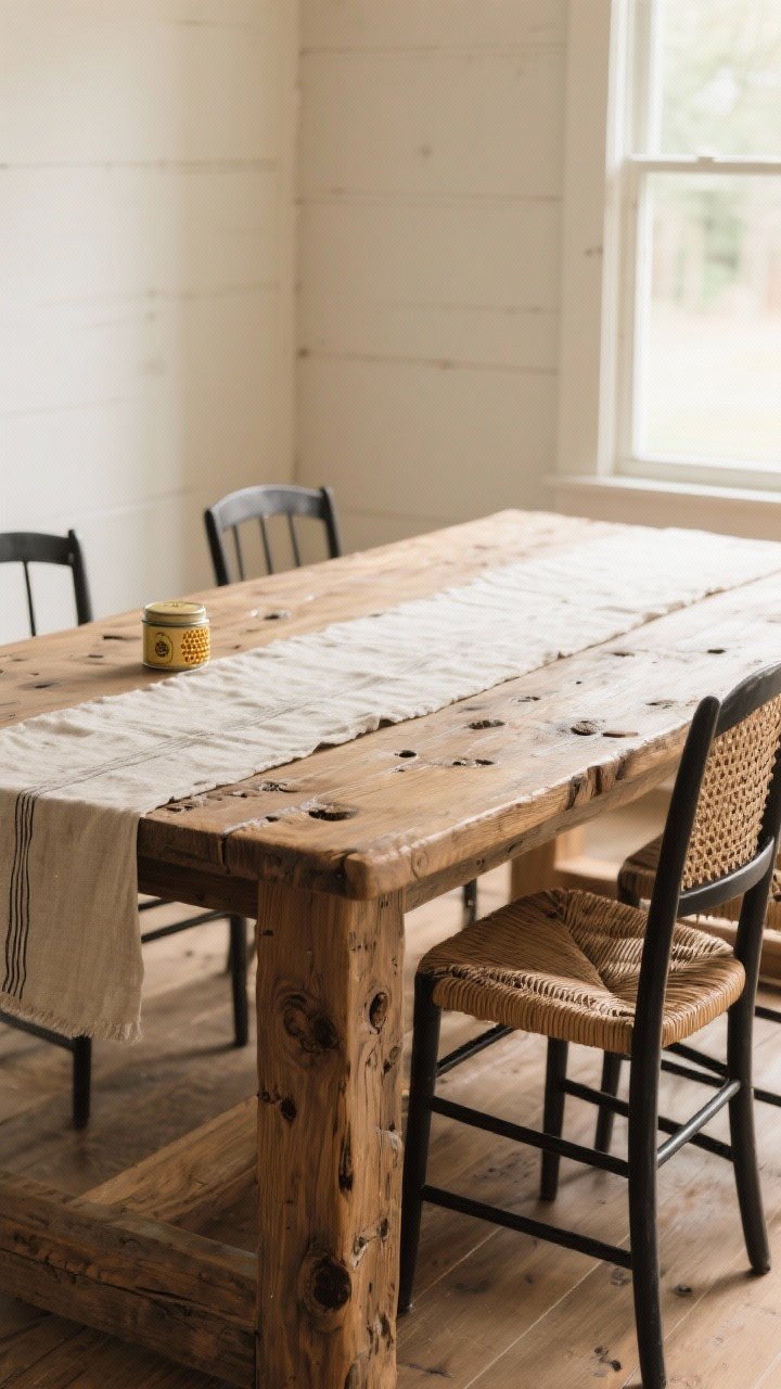 A medium shot of a chunky reclaimed wood farmhouse dining table with visible knots, grain, and perfectly imperfect matte-oiled surfaces, paired with airy cane-back chairs and slim black metal open-back side chairs for balance; warm natural afternoon light from a nearby window, a subtle linen runner, and a beeswax tin on the corner hinting at smart wood care; photorealistic, straight-on angle emphasizing the table’s heft and casual, non-glossy finish.