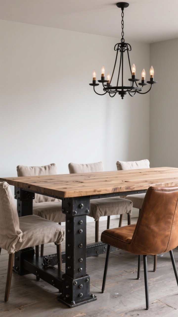 A medium shot of an industrial-farmhouse pairing: matte black metal table base with exposed bolts supporting a warm oak top; softened by slipcovered dining chairs and a caramel leather side chair; overhead, a black iron chandelier casts a warm glow; balanced textures keep the space inviting rather than cold; angled view to capture materials interplay.