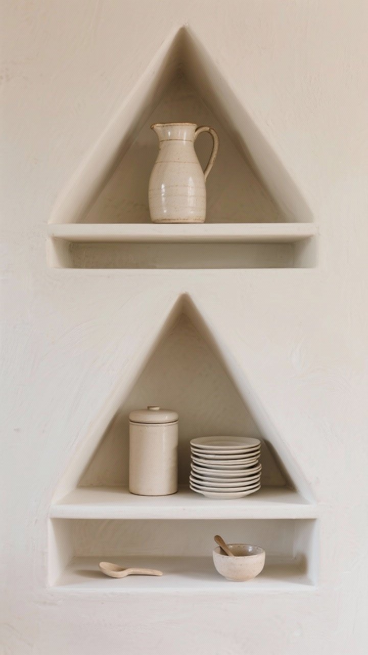 A medium straight-on shot illustrating visual triangles on two shelves: at one end a tall ceramic pitcher or vase, in the center a medium-height canister and a stack of plates, and at the front a low spoon rest or small bowl, forming high-medium-low groupings. Repeat the triangle composition across shelves for balance, with neutral tones and subtle texture; soft, even daylight.