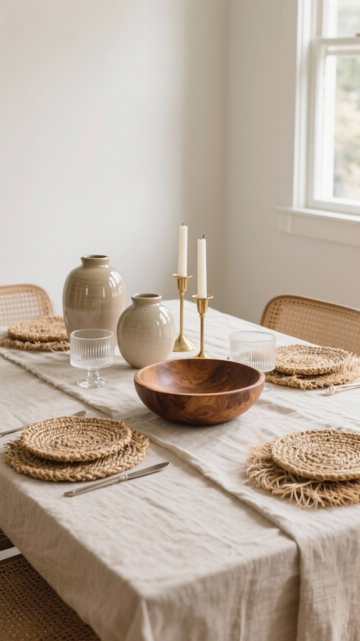 A medium, straight-on shot of a dining table styled for texture layering: a soft flax-colored linen runner as the base, rattan chargers at each place, seagrass coasters, and a hand-carved warm wood bowl in the center. Add glossy elements for contrast: a pair of ceramic vases with a subtle sheen, clear glass hurricanes, and slim brass candlesticks. Lighting is soft natural daylight from a side window to highlight rough vs. polished, matte vs. shine. Neutral palette with tactile surfaces emphasized.
