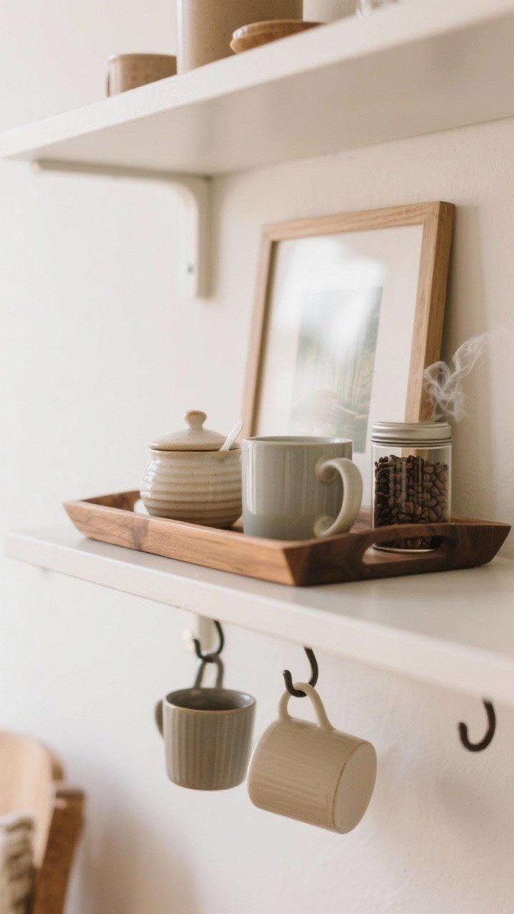 A medium, straight-on vignette of a curated coffee/tea moment on an open shelf: a wood tray corralling a ceramic sugar bowl, favorite mugs, and a tin of beans or tea; mini S-hooks mounted below the shelf with two mugs hanging. A tiny framed print leans behind the setup for charm. Soft morning light, subtle steam implied from a nearby mug, cozy and functional.