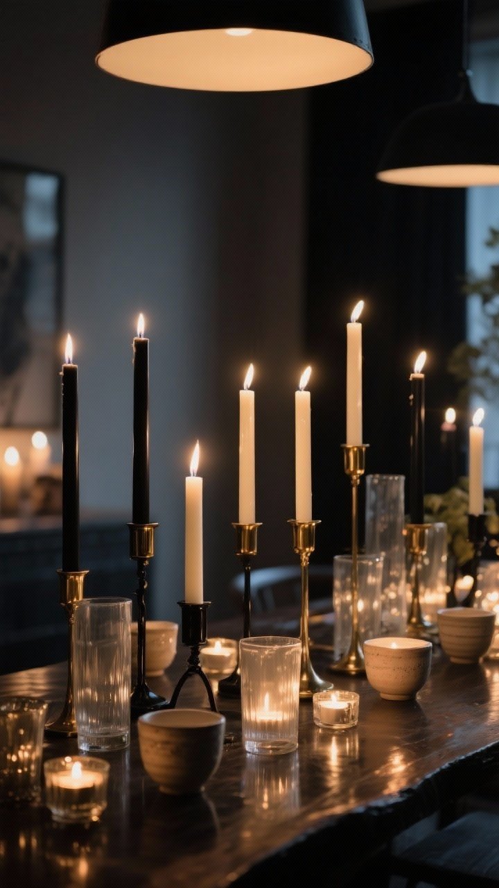 A moody, medium shot focused on candlelight: a mix of unscented candle types—black or cream taper candles in brass and black iron holders, short pillar candles in frosted glass, and scattered tea lights in ceramic cups—arranged to vary heights while preserving sightlines. Evening lighting with overhead dimmed so the soft, cozy glow reads warm and flattering, reflections shimmering subtly on glass and metal.