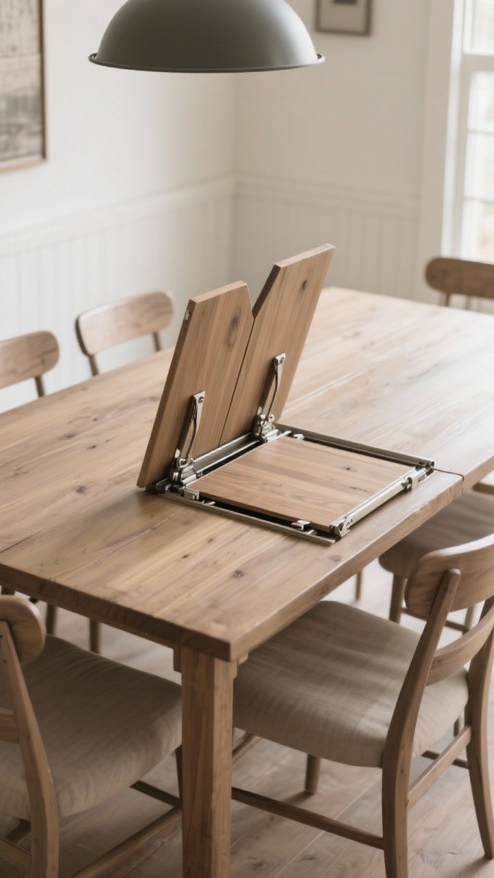 A straight-on medium shot of an extendable farmhouse table partially opened to reveal integrated butterfly leaves; focus on high-quality slide hardware and seamless grain/finish matching on the leaves; neutral chairs, uncluttered surroundings, and soft overhead light; the mechanism and craftsmanship are the heroes of the image.