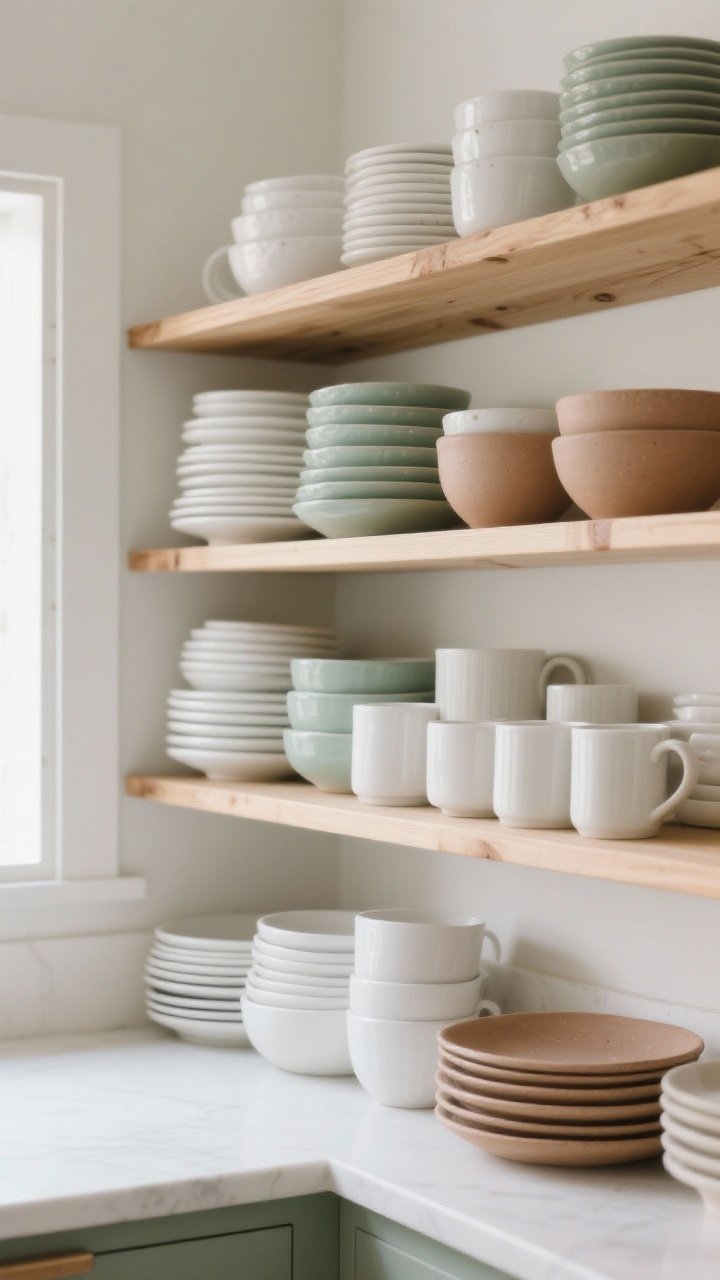 A straight-on medium shot of open kitchen shelves color-coded with everyday basics: stacks of plates, bowls, and mugs grouped into a cohesive palette of white, soft sage, and muted clay, anchored by natural wood shelves. Mix glossy white ceramics with matte stoneware in the chosen colors, neutrals balancing brights. Soft daylight from the left highlights the contrast in finishes; no people, photorealistic.