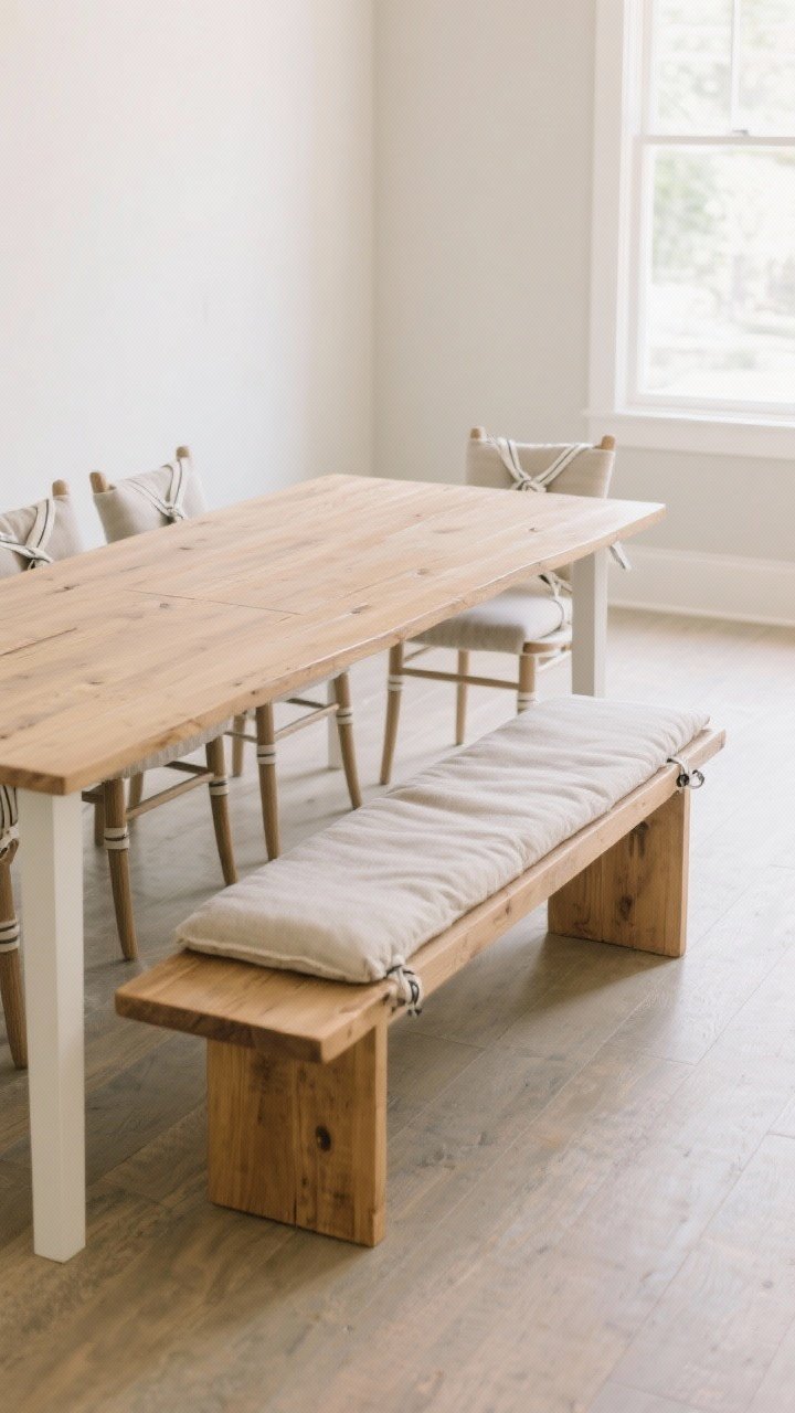A wide dining scene with a single wood bench tucked on one side of the table and chairs on the opposite side for balance; washable tie-on seat cushions on the bench, neatly secured; the bench scaled 2–4 inches shorter than the distance between the table legs; clean lines, family-friendly mood, and soft daylight; photographed from a corner to show seating flow.
