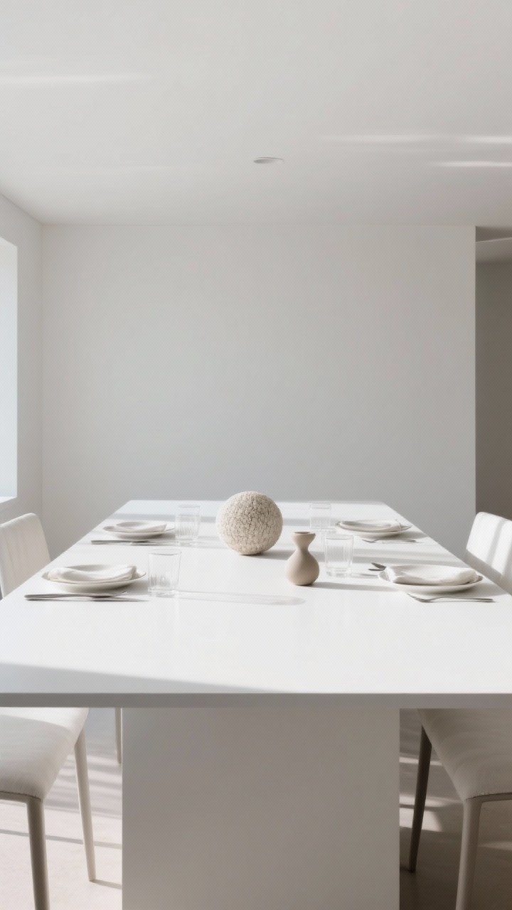 A wide, minimalist table composition embracing negative space: one main focal point (single centerpiece) with no more than two supportive accents confined to the center third of the table; place settings left open and uncluttered. Clean lines and ample breathing room around each item. Bright, even daylight to emphasize simplicity and edited restraint; remove any piece that doesn’t serve beauty or function.