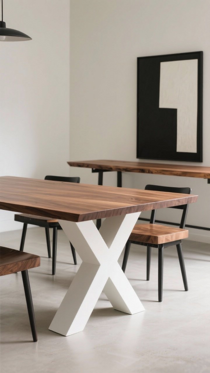 A wide shot of a dining setup featuring a bold X-leg base: option one shown upfront with a natural walnut top and off-white painted X-legs, and in the background a variation with black iron X-legs and a warm oak top; the tabletop kept slightly thinner to balance the chunky base; clean lines, ample knee space, and neutral walls; soft daylight and a minimal black-framed artwork; angled from a rear corner to showcase structure and symmetry.