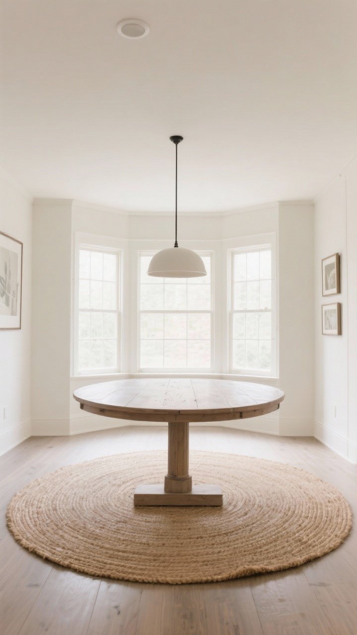 A wide shot of a rectangular dining room styled with a round farmhouse table on a slim single pedestal base; centered on a round jute rug, with about 36 inches of clearance all around; no corners crowding, strong conversational layout; bright, even daylight emphasizing spacious flow; viewed straight-on to showcase the round-in-rectangular surprise.