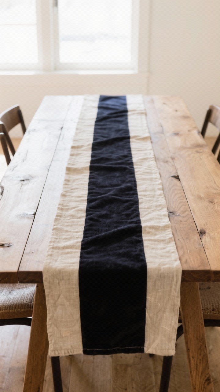 A wide shot of a wooden dining table anchored by a runner: a long natural linen runner extending 8–12 inches beyond each table end, with a second narrow runner cris-crossed perpendicular at the center for layered interest. Optional luxe variation shows a deep charcoal velvet runner. Minimal tabletop decor to keep space for settings. Bright daytime light to show fabric drape and texture without covering the wood grain.