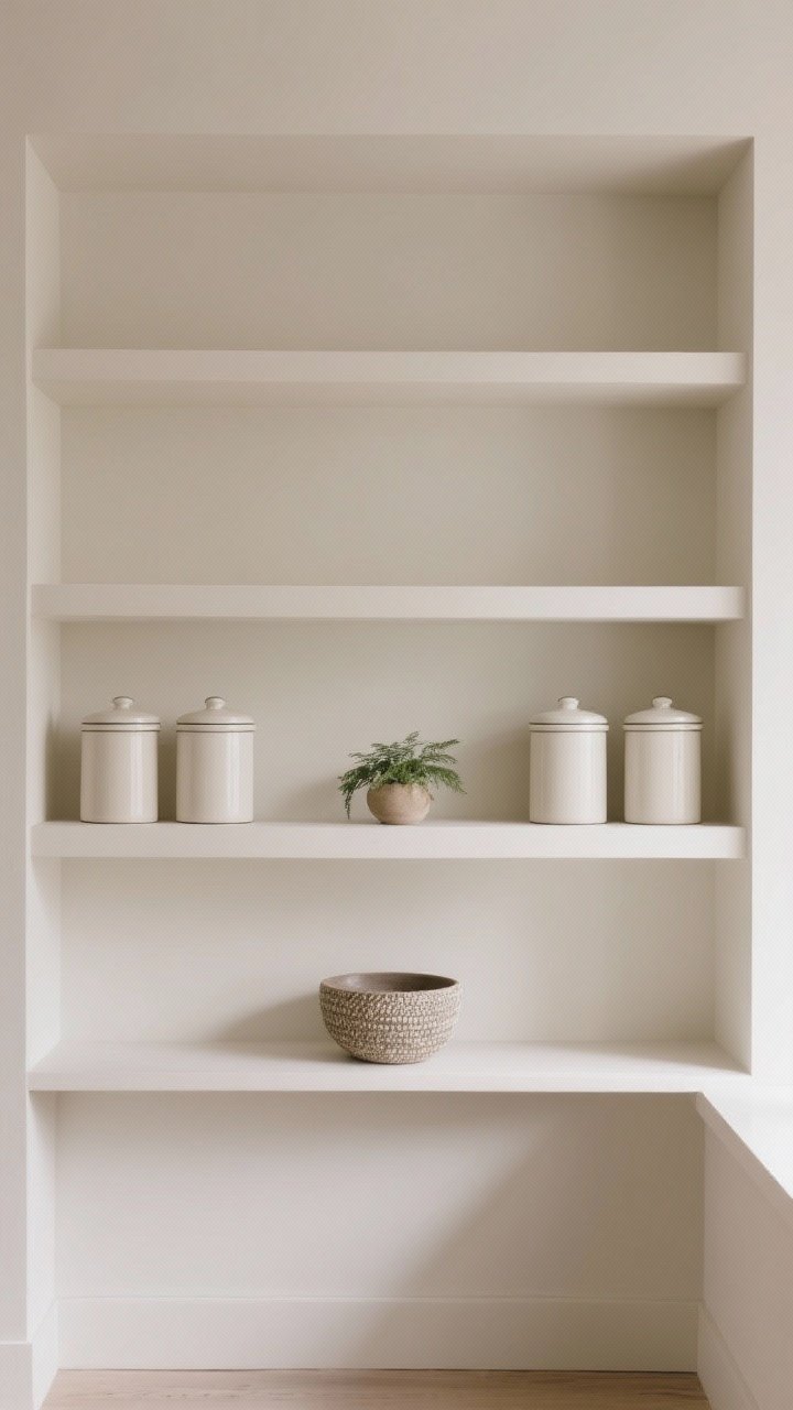 A wide, straight-on composition demonstrating balanced symmetry: matching canisters placed at both ends of two shelves, similar heights echoed across, with the center subtly broken by a plant and a textured bowl to avoid stiffness. Consistent color palette ties elements together. Even, soft lighting emphasizes orderly calm without feeling staged.