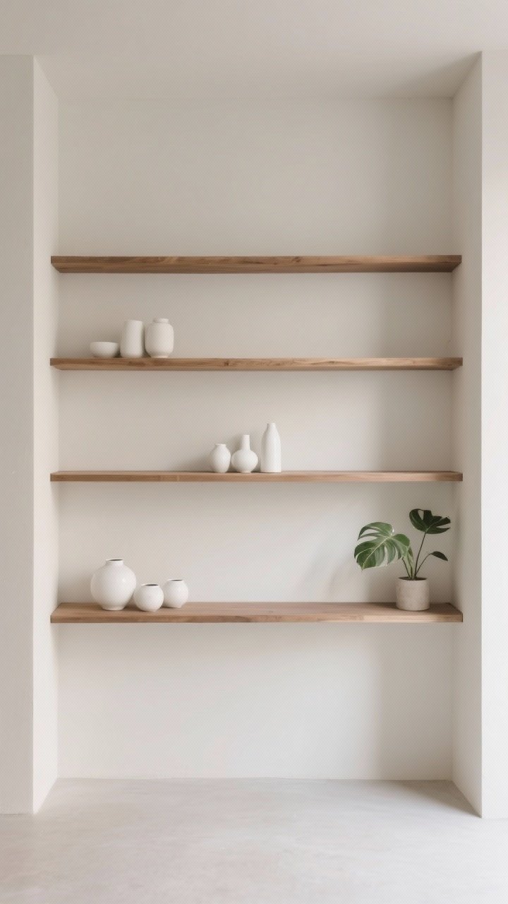 A wide, straight-on view emphasizing negative space: minimalist shelves with only three groupings per shelf—left, center, right—and one empty zone on each shelf to let the eye rest. Neutral palette with white ceramics and natural wood, a single plant as a soft accent. Clean lines, restrained styling, and balanced spacing under soft, even lighting.