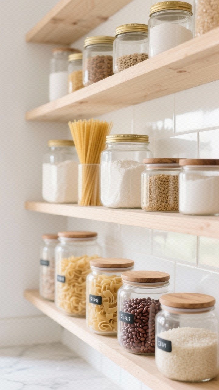 A wide, straight-on view of a shelf styled like a pretty pantry: clear glass jars with matching wood or brass lids filled with flour, sugar, pasta, beans, and rice, all neatly labeled with minimal typography. Heights vary—tall spaghetti jars beside squat sugar canisters—lined up on light wood shelves against a clean backsplash. Bright natural light emphasizes clarity and order.