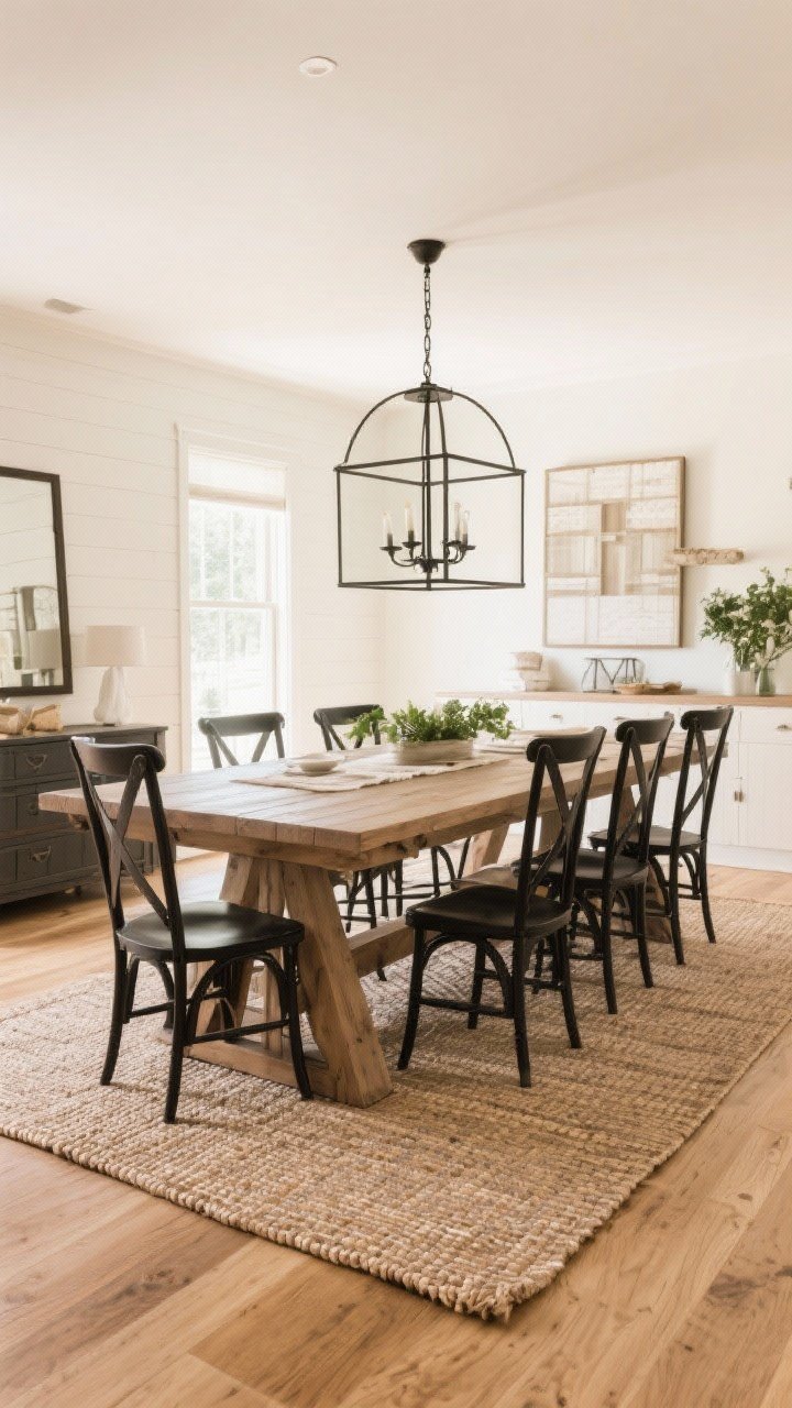 A wide, styled dining room showcasing the finishing touches: a flatweave indoor-outdoor rug sized with 24-inch clearance beyond the chairs, anchoring a farmhouse table; above, a chandelier hung 30–34 inches over the tabletop—shown as an iron cage fixture for modern farmhouse synergy; warm, even illumination, cohesive tones of warm wood, creamy whites, black accents, and a hint of soft green from foliage.