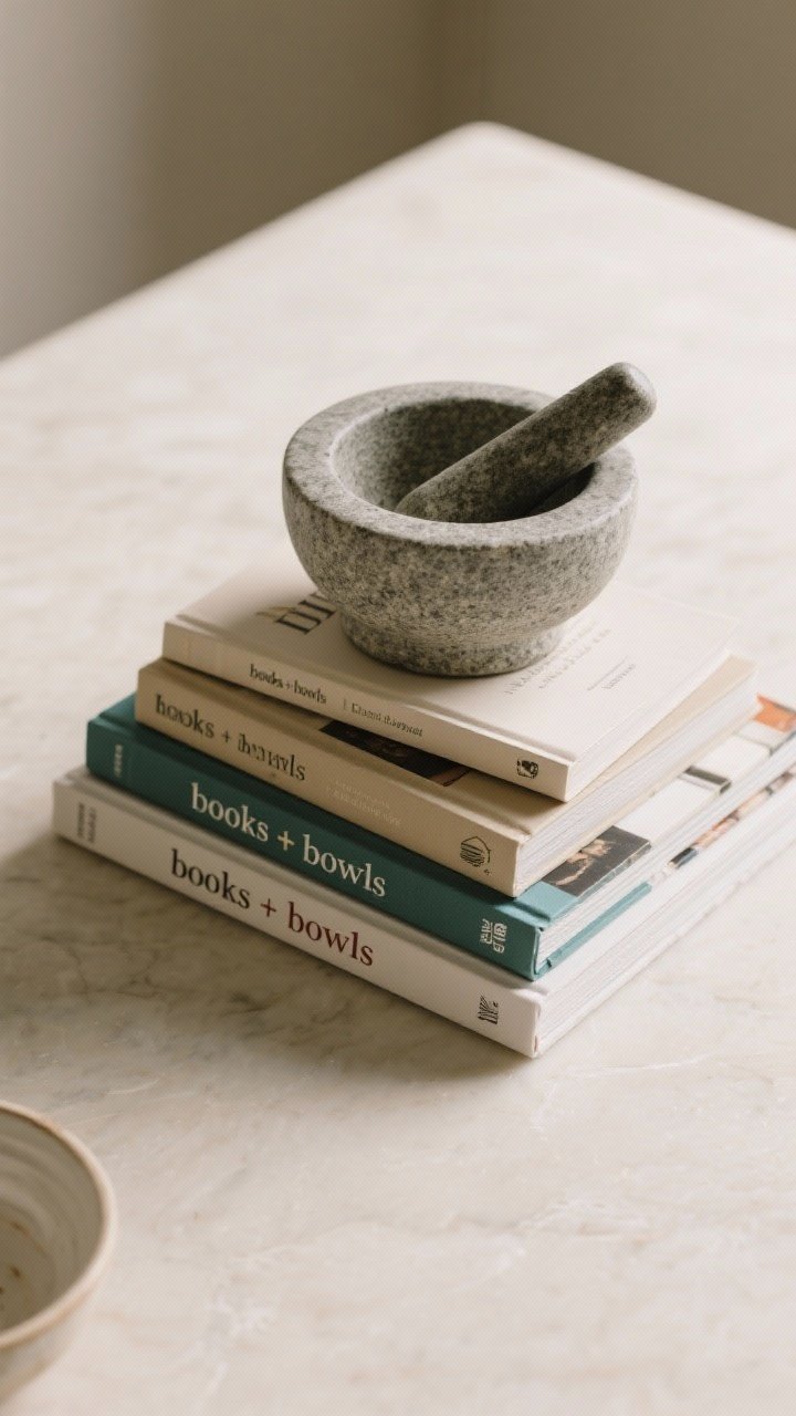An overhead detail shot of “books + bowls” styling: a small cluster of 3–5 cookbooks with color-coordinated spines, another mini stack flipped pages-out for neutral tones, topped with a small matte bowl and a stone mortar and pestle. The composition creates dimension and breaks linearity; textures of paper, ceramic, and stone are highlighted with diffused light.