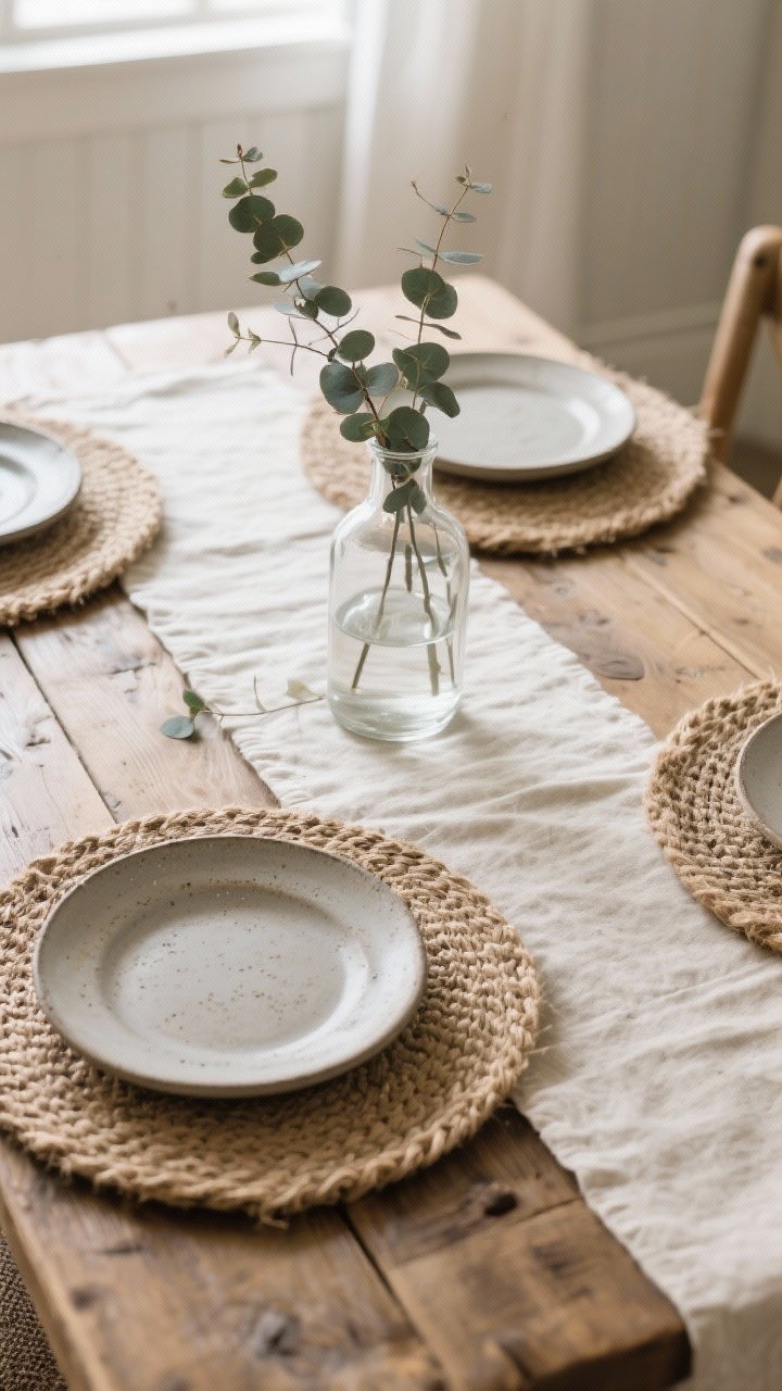 An overhead detail shot of layered textures on a farmhouse table: a soft linen runner beneath round jute placemats, matte stoneware plates with a slightly imperfect glaze, and a simple glass vase with eucalyptus stems; muted, natural tones, bright diffuse daylight, and the interplay of fibers, ceramic sheen, and wood grain.