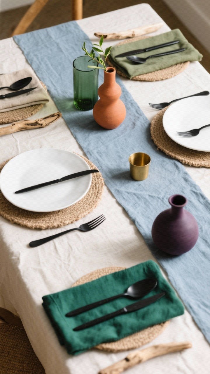 An overhead, styled flat-lay of a color story: table elements repeating a cohesive palette. Option 1: earthy neutrals—sand linen napkins, terracotta bud vase, olive green glass, matte black flatware. Option 2: soft coastal—white plates, fog blue runner, driftwood-toned chargers, sage napkins. Option 3: moody jewel tones—emerald napkins, aubergine bud vases, brass accents, charcoal stoneware. Crisp natural light to render true color.