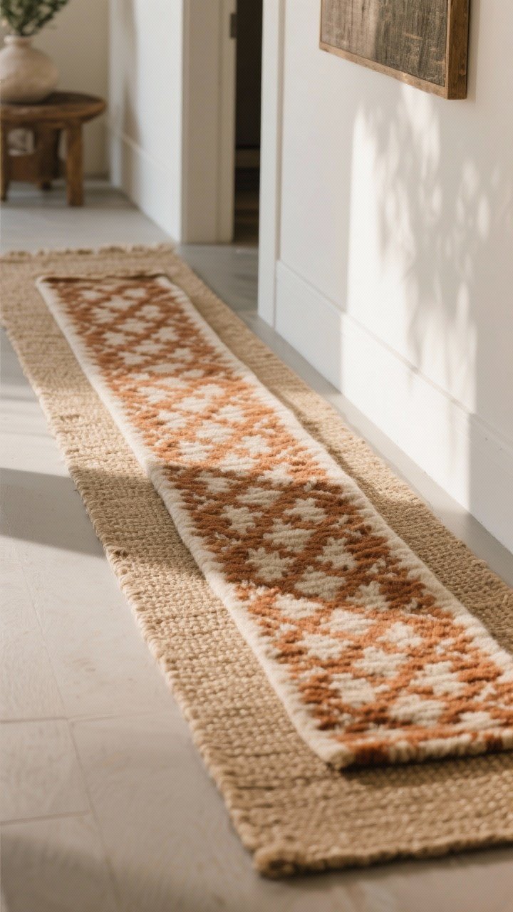 Angled medium shot from the corner: Layered runners—flatwoven jute base slightly wider, topped with a shorter patterned wool runner in warm tones. Include a thin rug pad under the bottom layer for stability. Keep surrounding decor minimal so one hero pattern stands out; soft daylight shows depth and dimension.