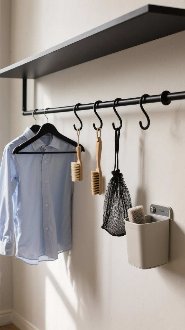 Angled medium shot of a matte black wall rail with mixed S-hooks styled like a boutique: deep hooks holding hangers with freshly pressed shirts, small hooks supporting cleaning brushes, mesh bags, and a compact magnetic lint bin nearby; items grouped for a clean visual line; neutral wall backdrop with soft morning light.