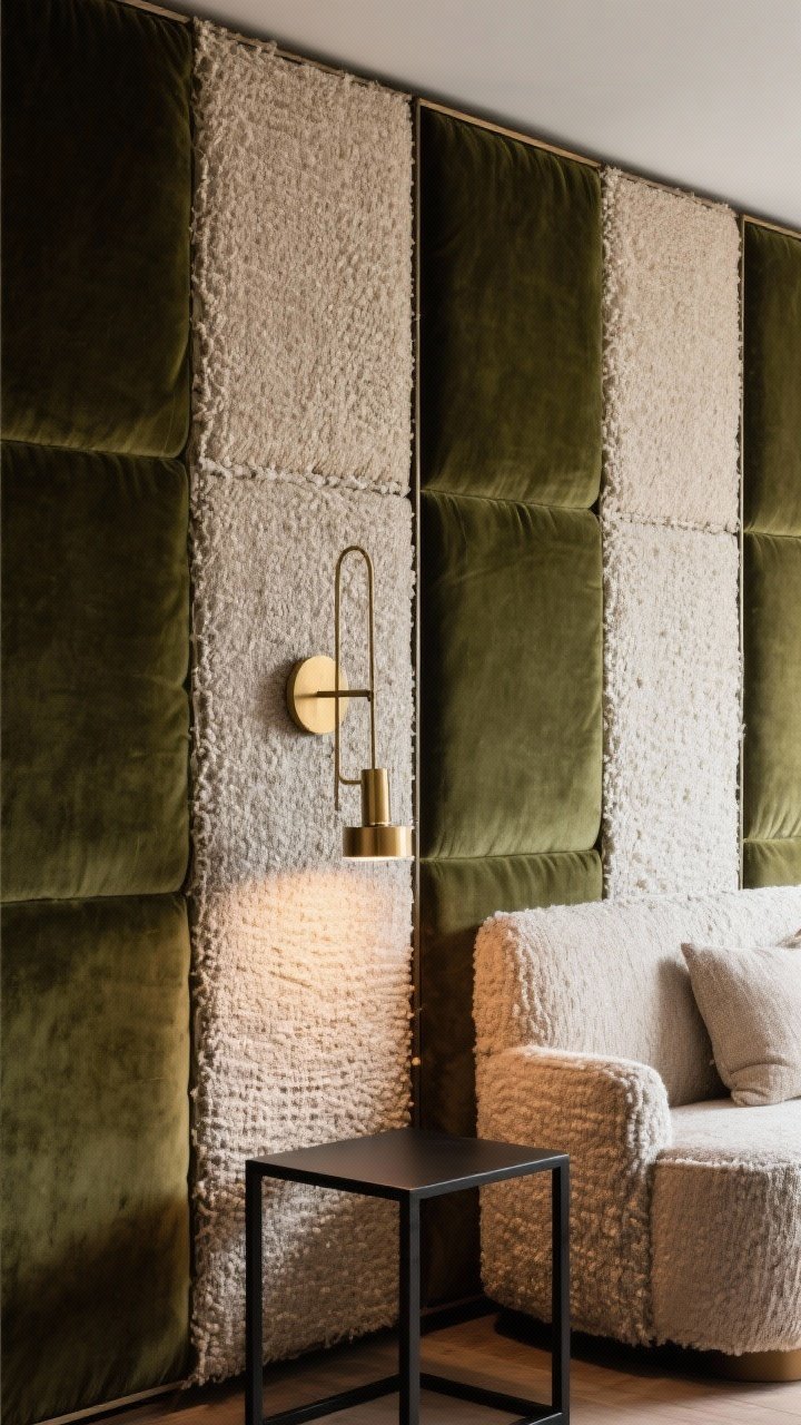 Close-up detail of fabric wall panels: alternating vertical upholstered sections in rich forest velvet, textured natural linen, and soft bouclé; seams crisp and tailored; sound-absorbing plushness visible; a slim brass sconce and a minimal black metal side table add contrast; warm, cozy lamplight emphasizing tactile surfaces.