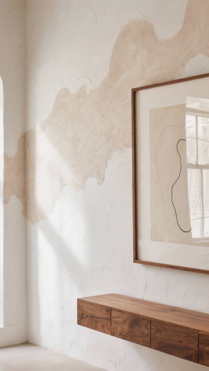 Close-up detail shot of a limewash/Roman clay wall showing soft, cloud-like movement and texture in a warm white shifting to mushroom beige; a walnut frame with minimalist art partially in view, plus a mid-tone wood console to show natural materials; camera-friendly depth with subtle tonal variation; soft window light raking across the surface to highlight the plaster texture.