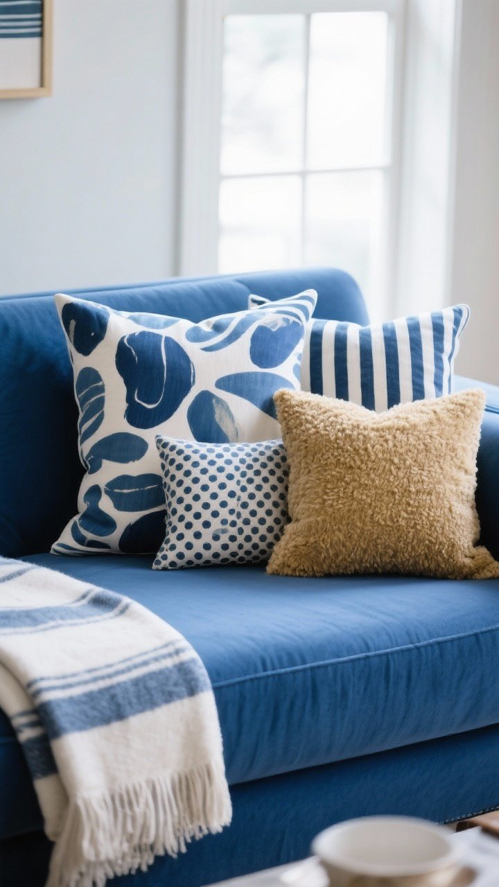 Closeup: A pillow and throw arrangement on a blue couch following the pattern-mix formula—one large-scale abstract print pillow, a medium striped pillow, a small geometric dotted print, and a solid bouclé pillow; palette in blue, white, and a single accent color; soft window light, photorealistic.