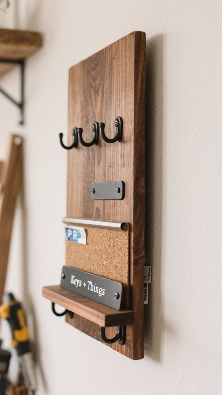 Closeup, angled shot of a DIY key holder board: a 1x6 wood plank sanded and stained walnut, with 5 black steel hooks, a mini shelf attached with small L-brackets, and a metal label holder reading “Keys + Things”; mounted at shoulder height using screws; added cork strip and a slim magnetic bar for notes and parking tickets; tools and steps implied by crisp craftsmanship; warm, handcrafted texture under soft ambient light.
