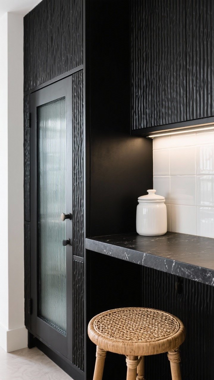 Closeup detail: A textured montage on a counter and cabinet face—ribbed (reeded) black cabinet front beside fluted glass door, matte white ceramic canister, woven rattan stool seat edge, and honed black stone countertop meeting glossy white backsplash tile; soft, directional side lighting to reveal textures and finishes.