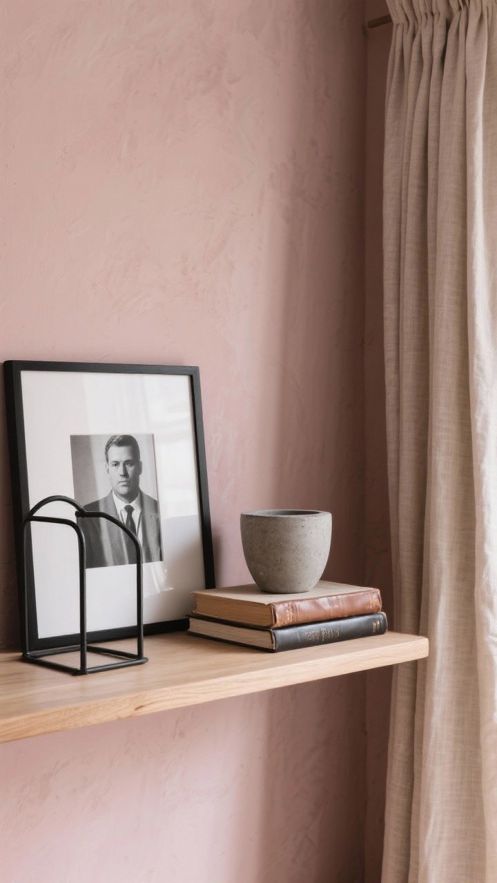 Closeup detail: Dusty blush wall (taupe-leaning pink like Setting Plaster or Sulking Room Pink) in matte finish behind a vignette of masculine-leaning elements—black metal frame photo, concrete planter, and a leather-bound book stack on a simple wood shelf; linen curtain edge softly draping in warm, diffused light; chic, understated composition.
