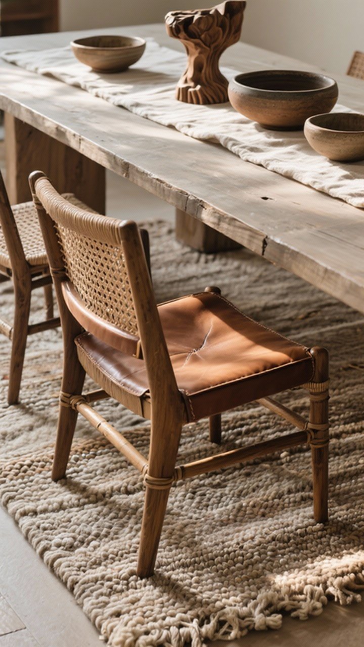 Closeup detail: Layered organic textures—low-pile wool flatweave rug under chair legs for easy sliding, cane-backed chair with leather seat, linen table runner, hand-thrown ceramic bowls, and a carved wood centerpiece; raking light highlighting fibers and grain; warm, tactile mood, photorealistic.