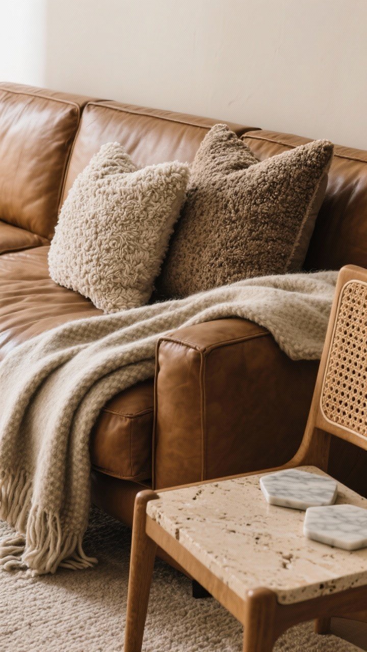 Closeup detail: Layered textures—bouclé throw pillows on a leather sofa, a wool blanket draped over the arm, cane detail on a side chair, and a travertine side table topped with marble coasters. Warm, tactile materials in a tight vignette. Soft side lighting enhances texture depth.