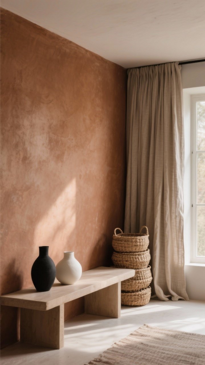 Closeup detail: Muted terracotta wall (clay-inspired, brown undertones, matte finish) with tactile styling—linen curtain pooling slightly onto the floor, woven baskets stacked beside a low bench; neutral palette of black, beige, and bone white accessories; warm north-facing room boosted by the hue; raking light emphasizing texture.
