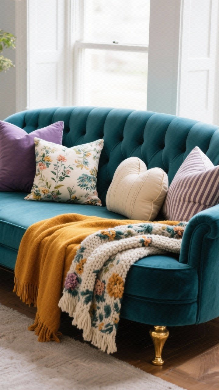 Closeup detail of a sofa styled with flair: a curved, tufted sofa in deep teal with a throw strategy of one solid marigold blanket, one patterned floral throw, and one textured chunky knit; pillows in the 2-2-1 formula—two solids (lavender and cream), two patterns (stripes and botanical), and one oddball shaped cushion; brass-painted sofa feet peeking for a tiny surprise, soft window light.