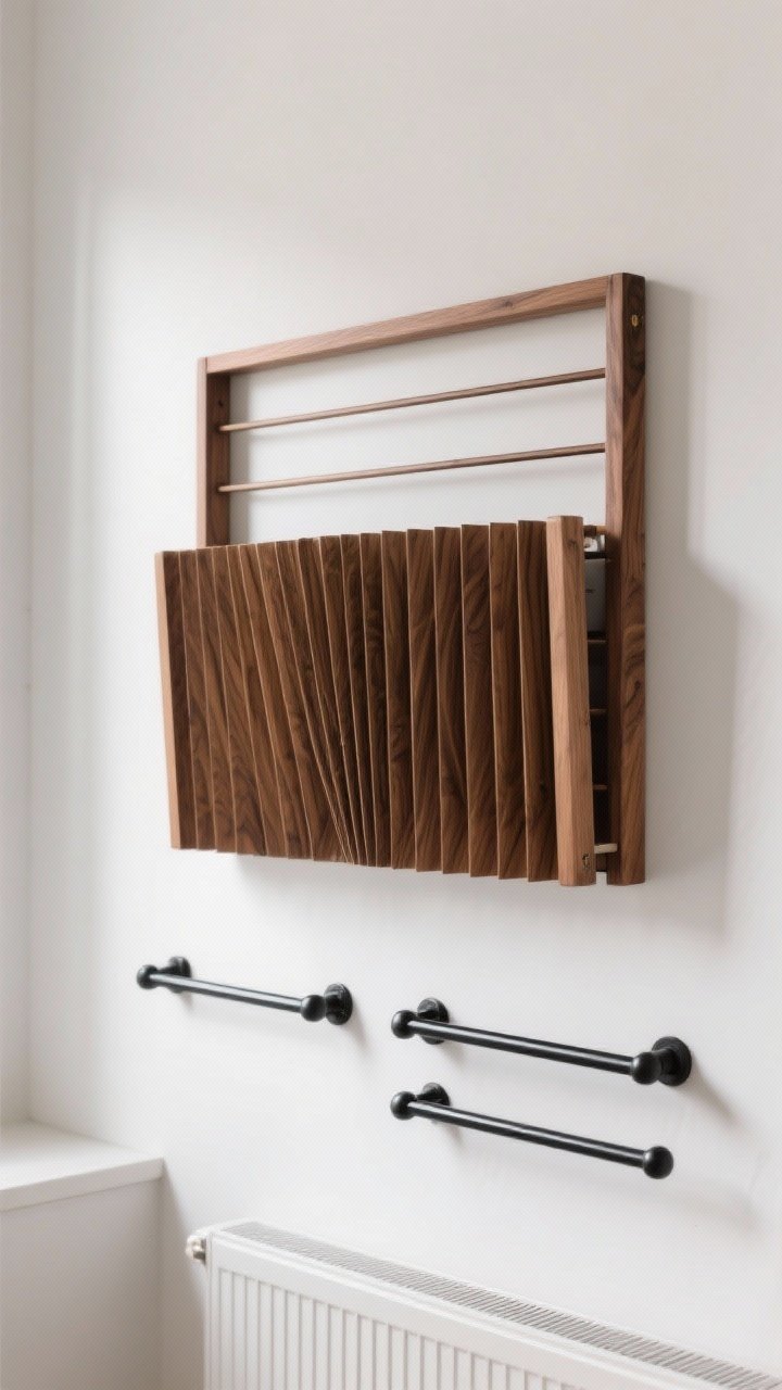 Closeup detail of a wall-mounted accordion drying rack with a warm wood frame in the closed position, appearing sculptural against a clean white wall; beneath it, two sleek matte black metal towel bars aligned for extra hang space; ample clearance from baseboard heater area; soft directional light highlighting wood grain and metal sheen.