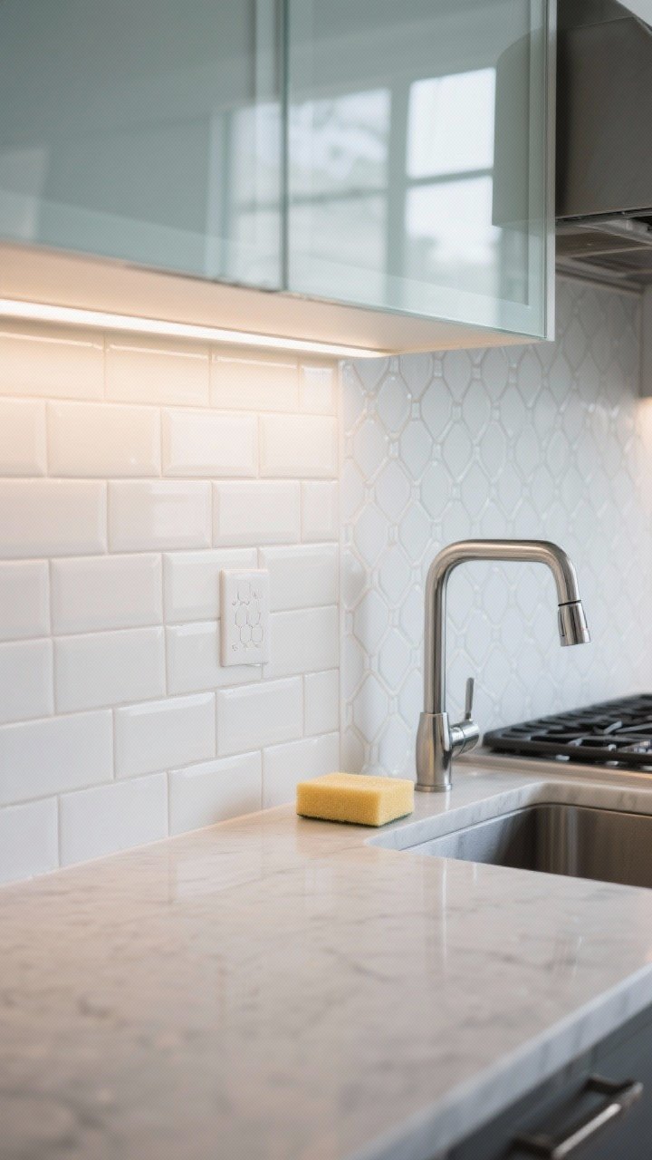 Closeup detail of a wallpapered backsplash sealed behind a clear glass sheet above a quartz countertop. The wallpaper pattern mimics classic white subway tile with faint grout lines; a small section transitions to a mini hexagon print near the range for a modern touch. Under-cabinet lighting highlights the washable, scrubbable surface and matte topcoat. Include a stainless faucet and a neatly placed sponge to suggest splash zone practicality. Corner angle, photorealistic.