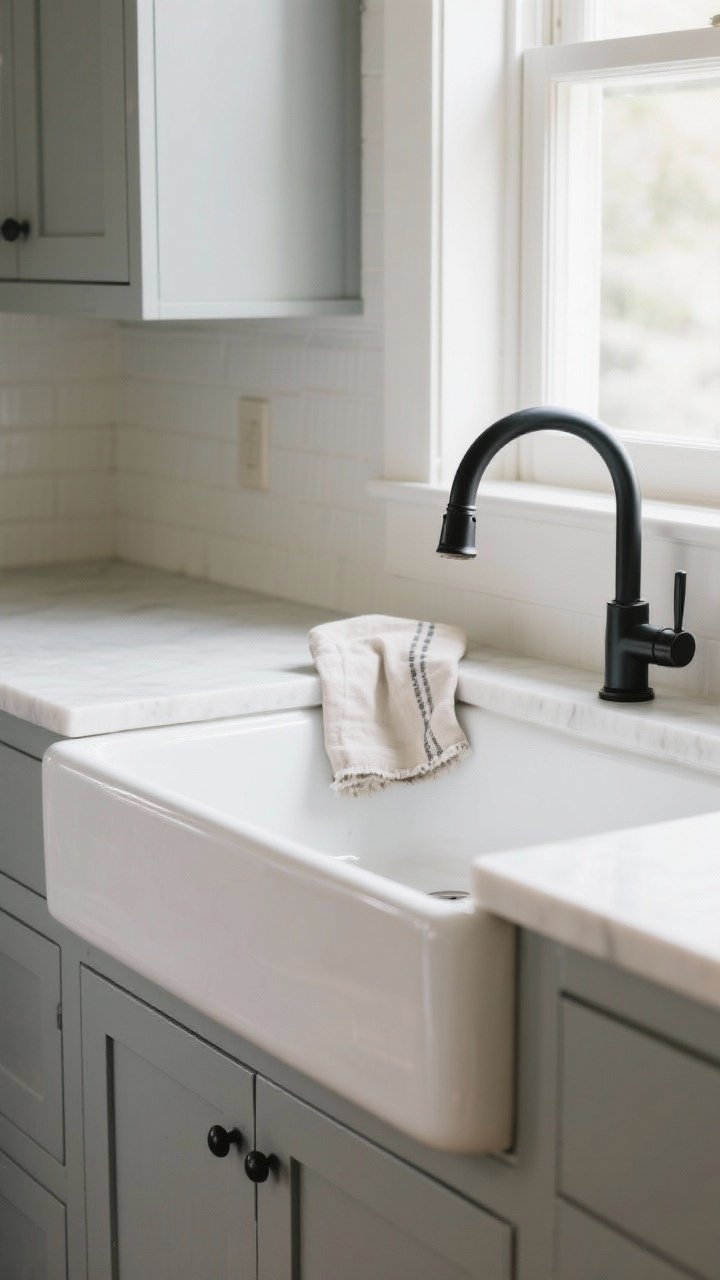 Closeup detail of an apron-front farmhouse sink set in a light countertop; choose a fireclay apron with a clean straight front, paired with a matte black bridge faucet; include a glimpse of soft gray cabinetry and a folded linen tea towel on the edge; natural window light reflecting off the basin for an old-world, practical vibe.