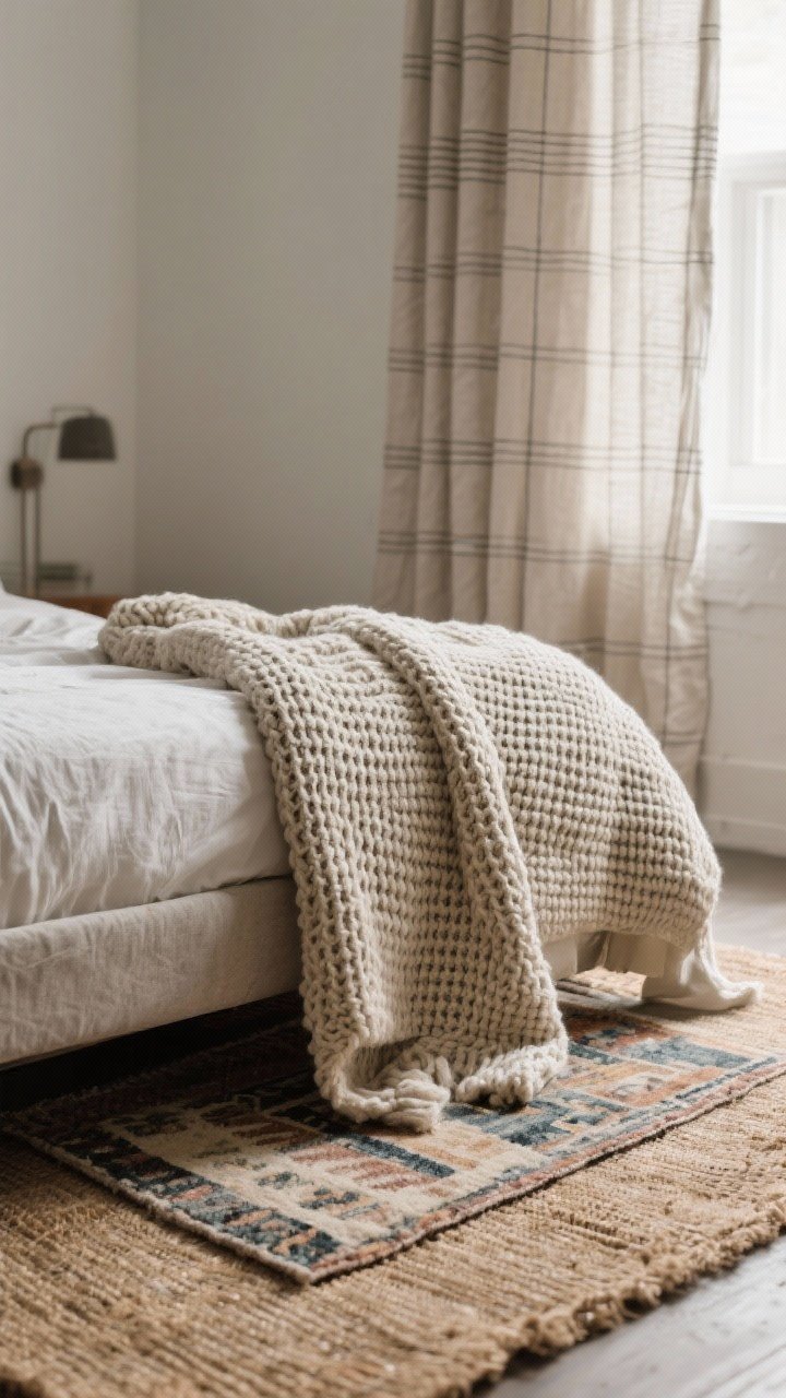 Closeup detail of cozy industrial textiles: a chunky knit or waffle blanket draped over the end of the bed, rug-on-rug styling with a jute base and a smaller faded vintage kilim layered on top, and neutral linen curtains; restrained patterns like subtle stripes and grids, soft natural light grazing the textures.