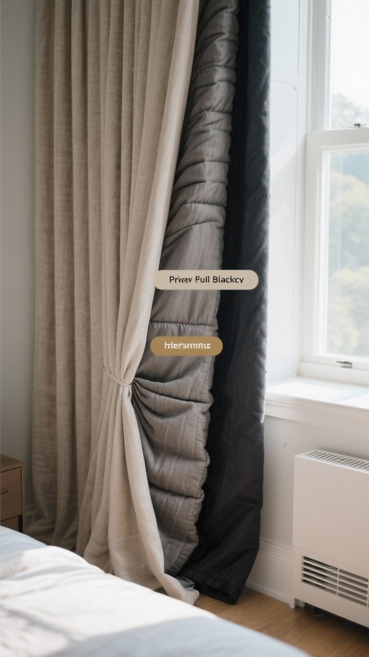 Closeup detail of curtain linings: side view of neutral drapery panel with labeled layers showing privacy lining, full blackout lining, and thicker thermal/interlining. Demonstrate improved hang and weight, with a subtle fold showing structured drape. Contextual backdrop: east-facing bedroom window with bright light tamed by blackout panel, baseboard heater nearby with drapes just kissing the floor for safety. Overhead-angled closeup focusing on fabric cross-section and texture.