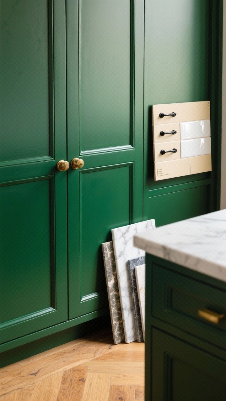 Closeup detail of forest green cabinet paneling with rich, saturated depth, styled like custom millwork; brass knob and black pull options shown on a sample board; creamy ceramic tile and glossy white tile swatches adjacent; honed marble and soapstone counter samples stacked nearby; warm wood floor peeking into frame; controlled, soft daylight to emphasize organic richness; tight, angled macro perspective.