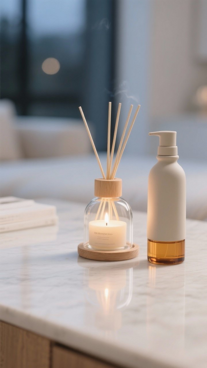 Closeup detail of fragrance-focused styling: a softly glowing candle beside a glass match cloche, a minimalist reed diffuser with light wood cap, and a matte ceramic room spray bottle; clean surface, subtle reflections; palette of soft whites, light wood, and amber glass; gentle evening light suggesting a signature scent without smoke