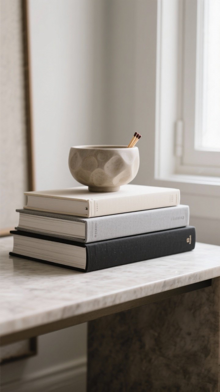 Closeup detail of stacked coffee table books on an entryway console: 2–3 oversized books in neutrals (cream, gray, black) with largest at bottom, topped by a small sculptural bowl and a match striker; emphasis on clean edges, cohesive palette, and height variation; diffused daylight from side window, shallow depth of field