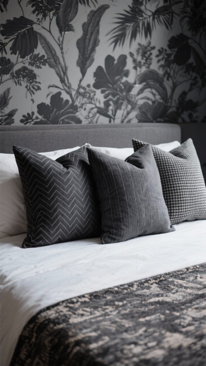 Closeup detail of subtle patterns: a trio of pillows in dark neutral herringbone, pinstripe, and micro-check on a bed; a low-contrast patterned rug visible at the bottom edge; background hints of charcoal botanical wallpaper as a feature wall, all kept tone-on-tone to maintain the mood.