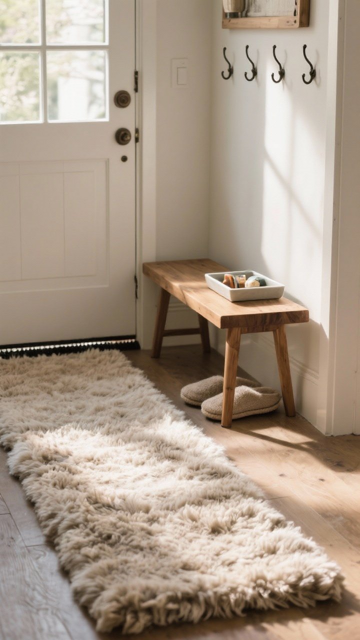 Closeup detail: Plush wool runner in a no-shoe foyer, fibers catching warm afternoon light. Show a tidy mini drop zone: a shallow tray for small items, a wooden bench, and wall hooks above. A door sweep visible at the bottom edge of the door hints at fiber protection. Emphasize the soft pile and cozy luxury.