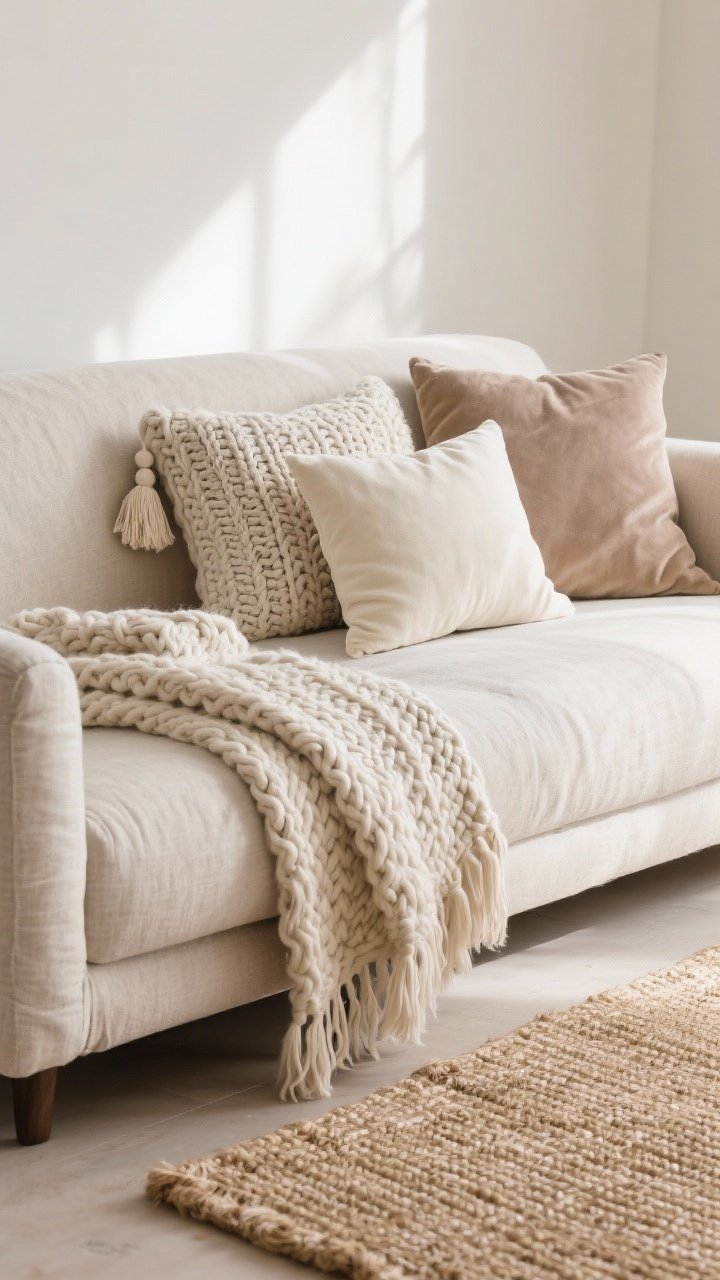 Closeup detail shot: a neutral linen sofa base layered with a chunky knit throw, a fringed tassel pillow, and a small velvet cushion in cream and soft taupe; a jute rug peeks below to anchor the scene; soft natural daylight grazes the woven, nubby, and smooth textures, emphasizing tactile variety without strong color contrast.