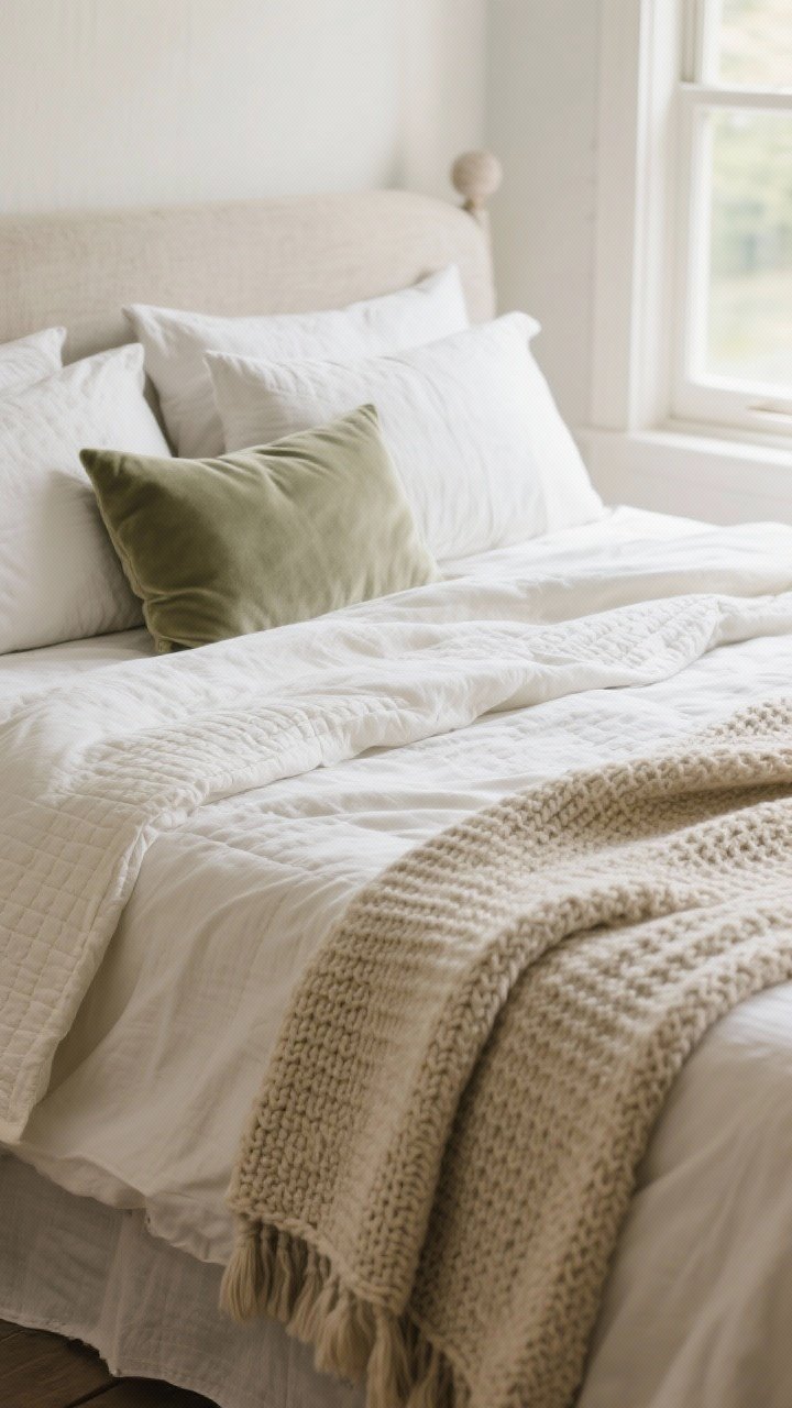 Closeup detail shot of a layered cottage bed: breathable warm-white linen sheets, pale greige pillowcases, a light quilt in soft cream folded back, and a chunky knit throw in oatmeal draped at the foot; include varied textures like waffle weave and matelassé with a small velvet accent pillow in muted sage; soft morning light from a nearby window, highlighting tactile fabrics; no people, photorealistic.