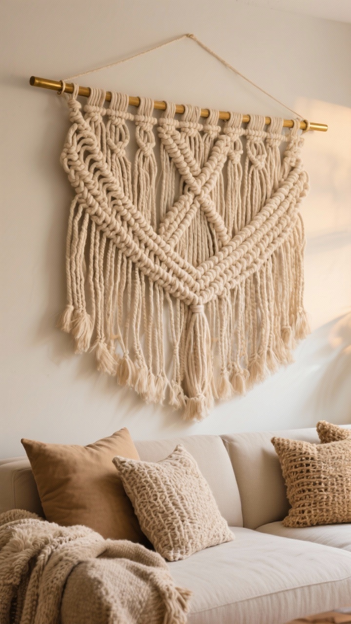 Closeup detail shot of a wide woven wall-hanging or macramé textile centered above the sofa; visible cozy textures and fiber weave; piece is scaled to match sofa width and hangs from a slim brass rod; pillows and throws on the sofa echo similar nubby and woven textures and warm neutrals; soft, warm ambient lighting accentuates the textile’s depth, photorealistic fibers.