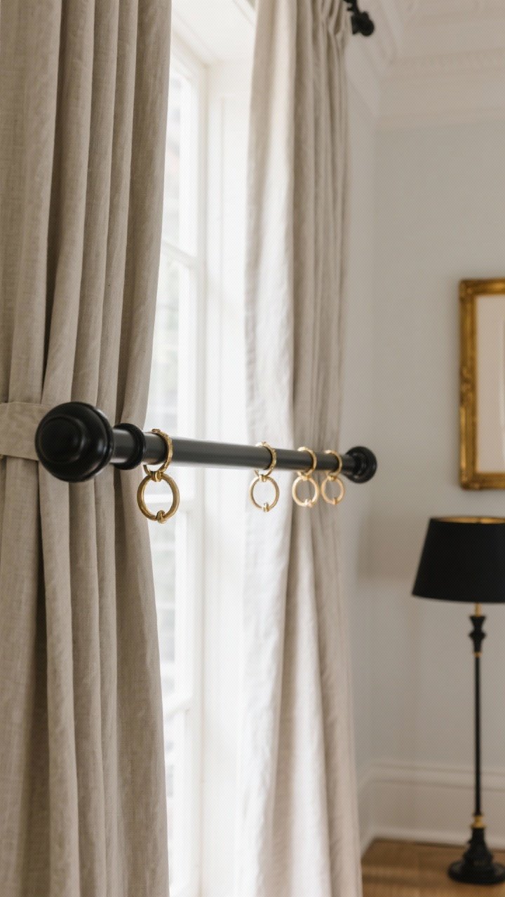 Closeup detail shot of curtain hardware as room jewelry: chunky matte black rod with substantial finials on a tall window, brass rings and hooks adding extra drop to neutral drapes. Center support bracket visible to prevent sagging on a long span. Nearby elements (brass picture frame, black floor lamp) echo finishes for cohesion. Soft afternoon light reflecting subtly off the finishes. Angled closeup emphasizing craftsmanship.