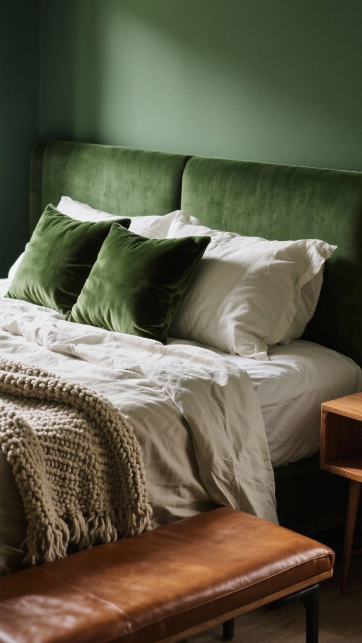 Closeup detail shot of tactile layers on a bed in a forest green room: velvet pillows with a soft sheen, rumpled linen bedding, a chunky knit bouclé throw draped across, and the edge of a caramel leather bench; a natural wood nightstand peeks into frame; soft side lighting emphasizes fabric textures.