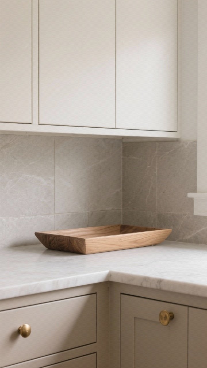 Closeup detail shot of tone-on-tone neutrals for quiet luxury: lower cabinet in putty/mushroom matte paired with linen/off-white upper door in satin, showing the junction line where colors meet; emphasize undertone harmony (both warm), subtle wood grain tray on counter, soft stone gray backsplash; diffused natural light highlighting texture differences; minimal brass knob for a touch of warmth.