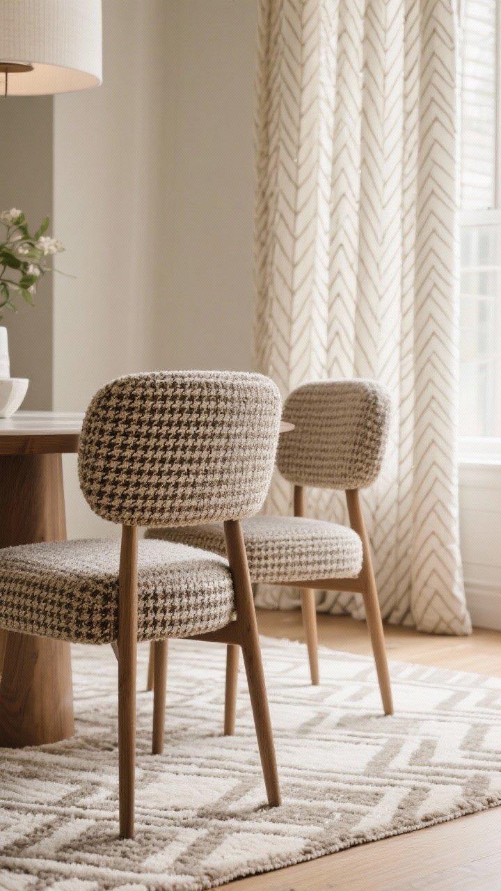 Closeup fabric-and-surface detail: Mid-century patterns in moderation—a neutral rug with a quiet geometric graphic, upholstered dining seats in tweed or boucle with tiny houndstooth, and light curtains with a linear pattern; keep patterns within a geometric family; warm, diffused light, photorealistic.