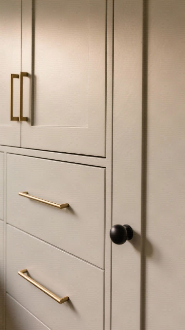 Closeup: Hardware study on slab cabinet fronts—slim brushed brass pulls on drawers, minimalist edge pulls on a pantry door, and a simple round knob in matte black on an upper cabinet. Finishes are warm, shapes linear, no distressing. Soft side lighting to reveal subtle texture and sheen.